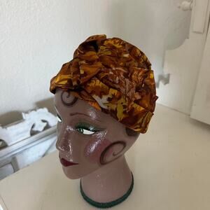 Vintage 1960s Women’s Turban Hat Gold Brown Brocade Leaf Jacquard Autumn Twist